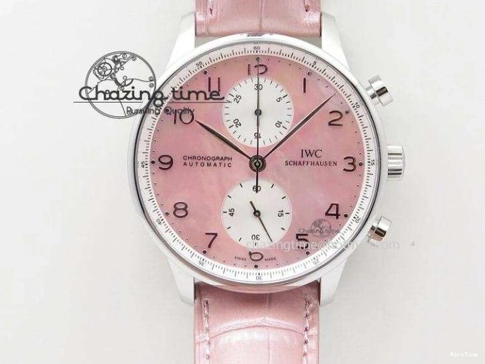 MIROTIME 0311 Portuguese 40mm Chrono SS Pink MOP Dial on Pink Leather Strap A Reliable 7391